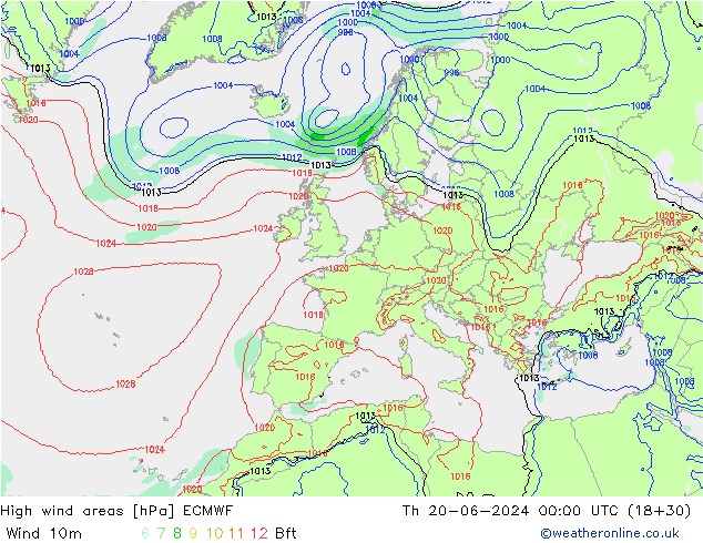 High wind areas ECMWF чт 20.06.2024 00 UTC