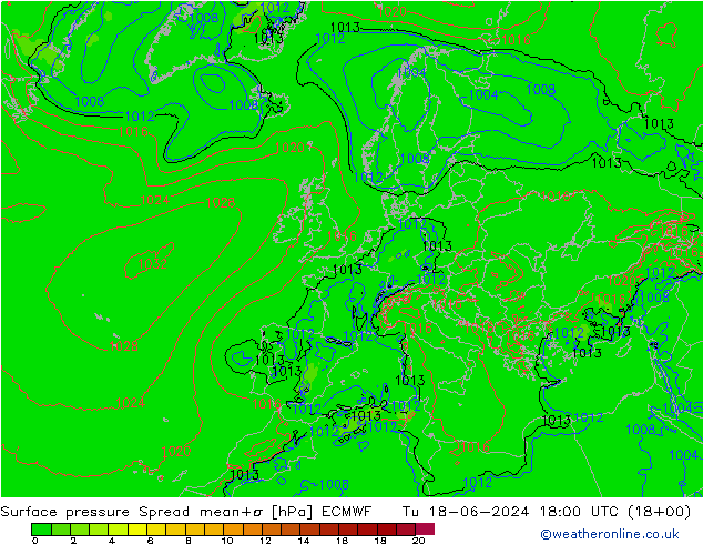 Presión superficial Spread ECMWF mar 18.06.2024 18 UTC