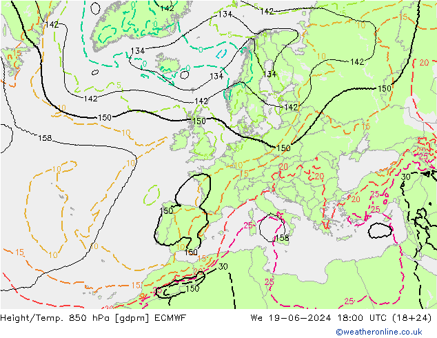 Height/Temp. 850 hPa ECMWF Mi 19.06.2024 18 UTC