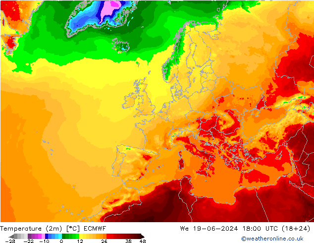Temperatura (2m) ECMWF mer 19.06.2024 18 UTC