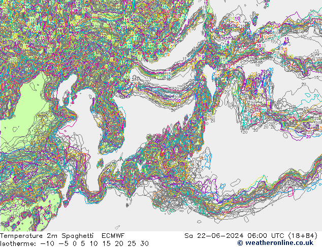 mapa temperatury 2m Spaghetti ECMWF so. 22.06.2024 06 UTC