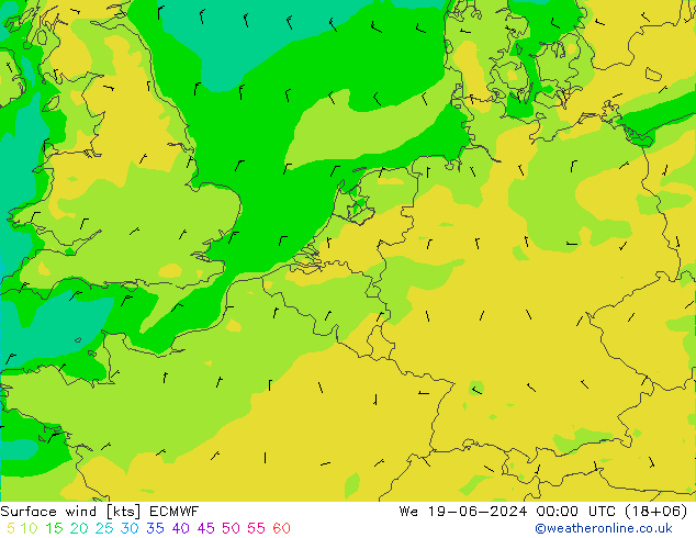 Viento 10 m ECMWF mié 19.06.2024 00 UTC