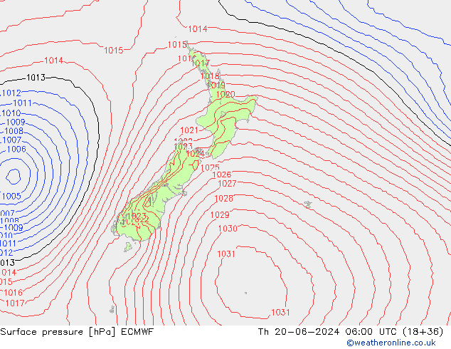 Presión superficial ECMWF jue 20.06.2024 06 UTC