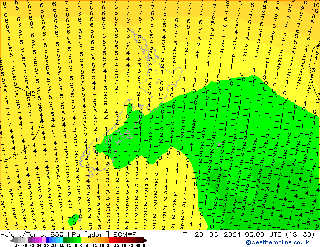 Height/Temp. 850 hPa ECMWF Qui 20.06.2024 00 UTC