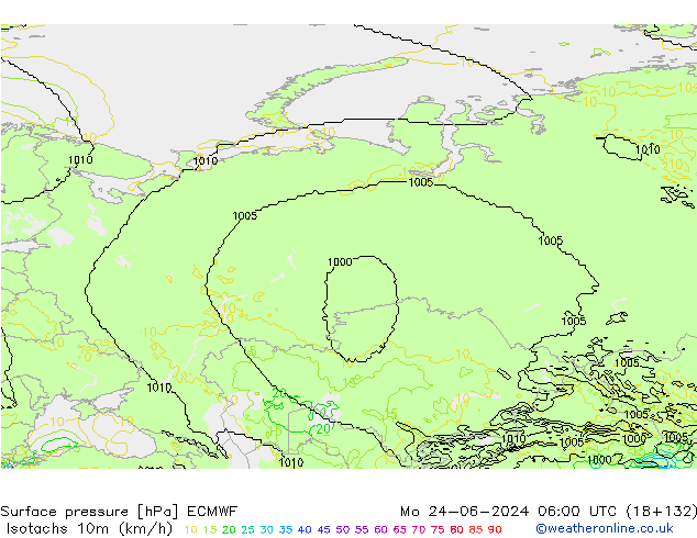 Isotaca (kph) ECMWF lun 24.06.2024 06 UTC