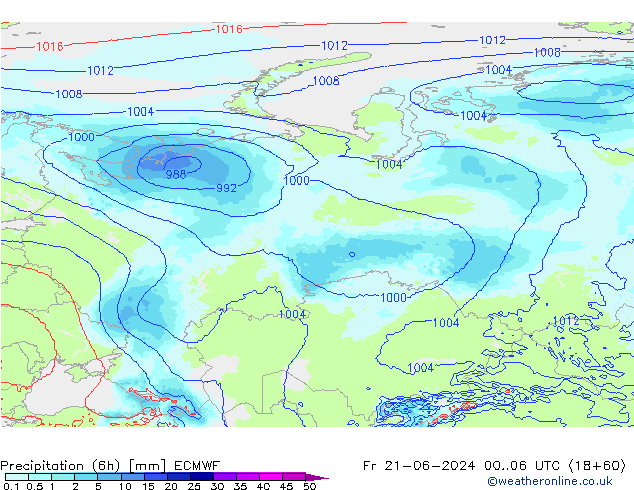 Totale neerslag (6h) ECMWF vr 21.06.2024 06 UTC