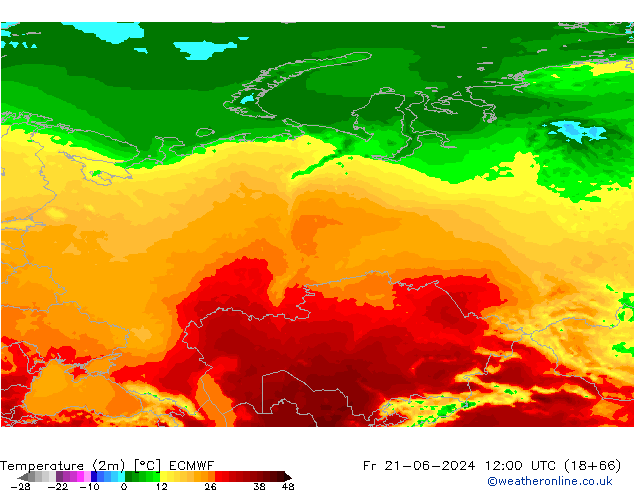 Temperature (2m) ECMWF Fr 21.06.2024 12 UTC