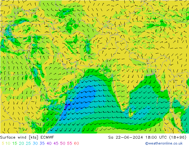 Vento 10 m ECMWF sab 22.06.2024 18 UTC