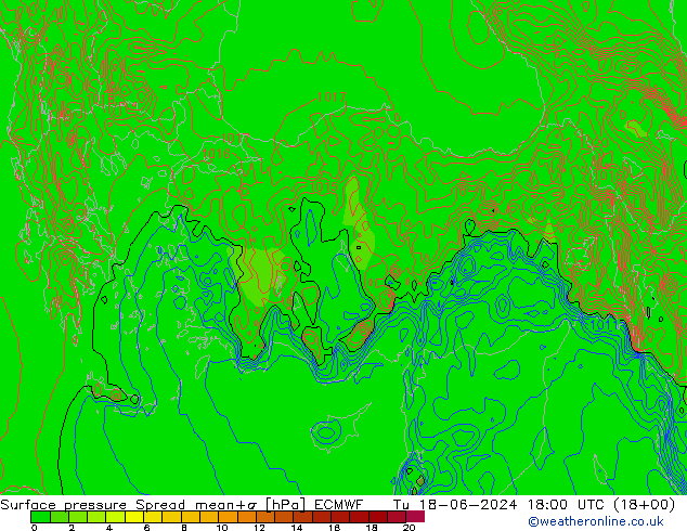 Surface pressure Spread ECMWF Tu 18.06.2024 18 UTC