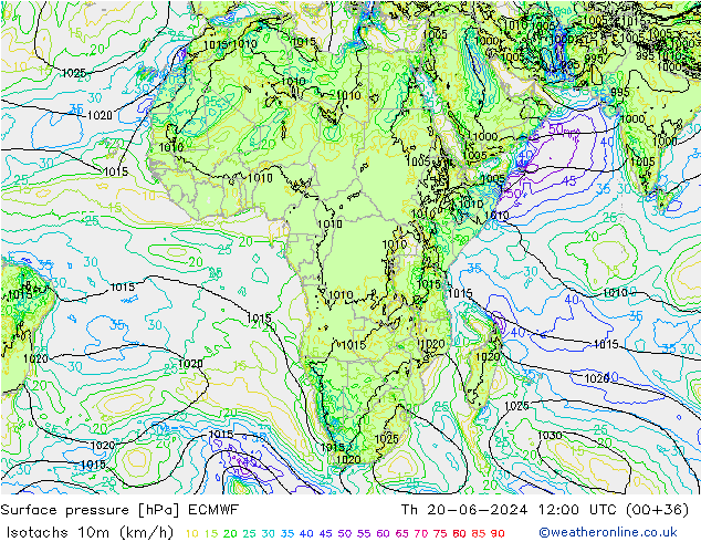 Isotachs (kph) ECMWF gio 20.06.2024 12 UTC