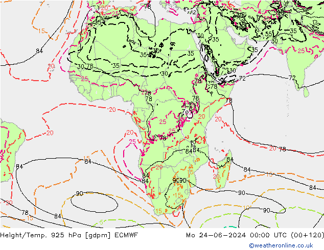 Height/Temp. 925 hPa ECMWF Mo 24.06.2024 00 UTC
