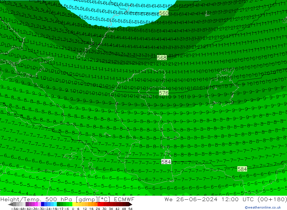 Height/Temp. 500 hPa ECMWF mer 26.06.2024 12 UTC