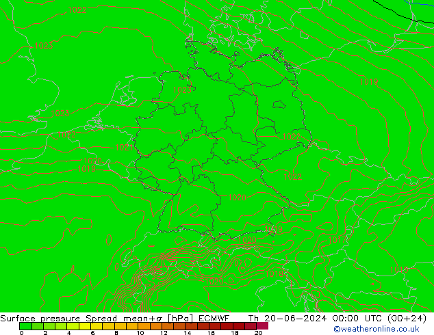 Surface pressure Spread ECMWF Th 20.06.2024 00 UTC
