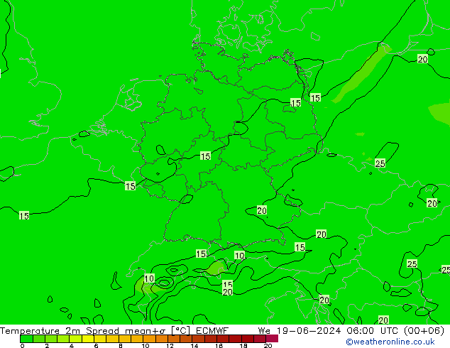 Temperaturkarte Spread ECMWF Mi 19.06.2024 06 UTC