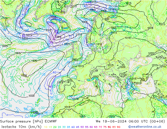 Isotachen (km/h) ECMWF wo 19.06.2024 06 UTC