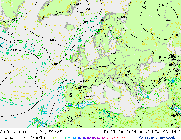 Isotachen (km/h) ECMWF di 25.06.2024 00 UTC