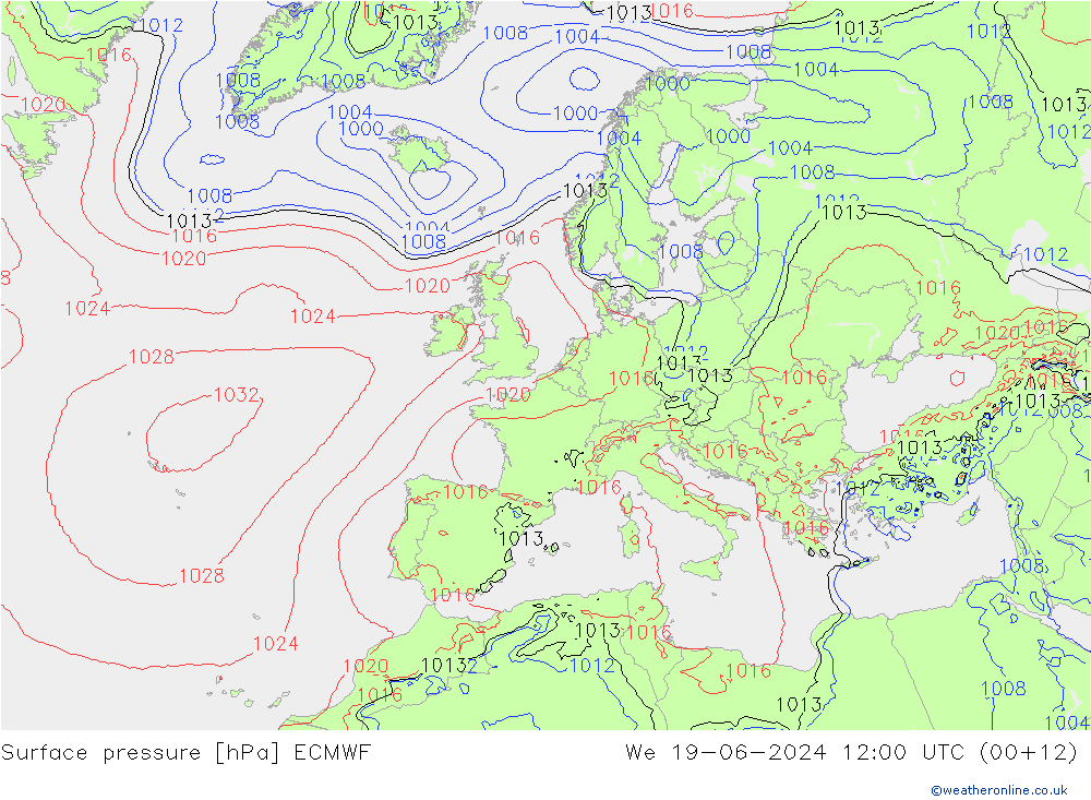 Surface pressure ECMWF We 19.06.2024 12 UTC