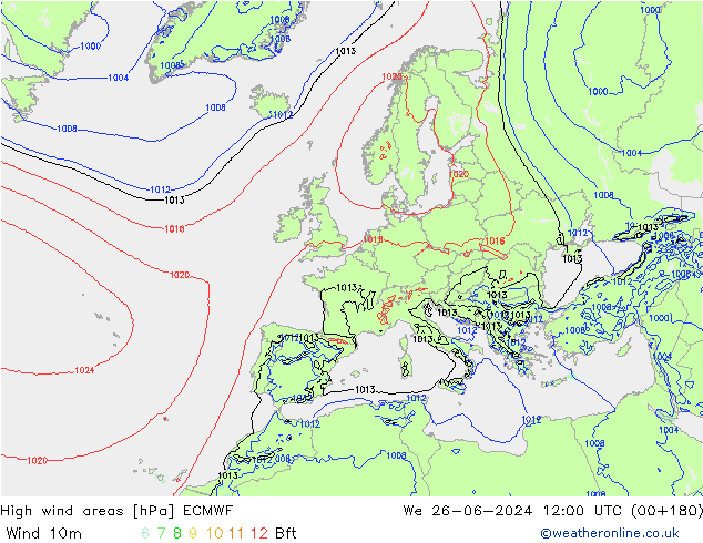 yüksek rüzgarlı alanlar ECMWF Çar 26.06.2024 12 UTC