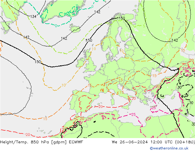 Height/Temp. 850 hPa ECMWF We 26.06.2024 12 UTC