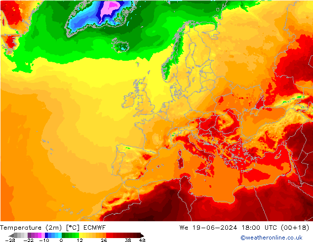 Sıcaklık Haritası (2m) ECMWF Çar 19.06.2024 18 UTC