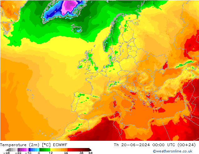 Temperatura (2m) ECMWF Qui 20.06.2024 00 UTC