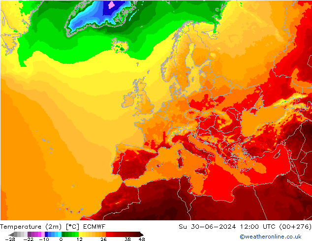 Temperature (2m) ECMWF Su 30.06.2024 12 UTC