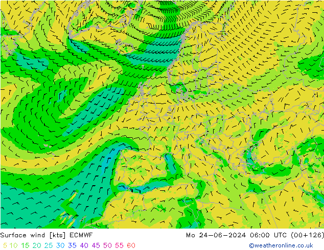 Viento 10 m ECMWF lun 24.06.2024 06 UTC