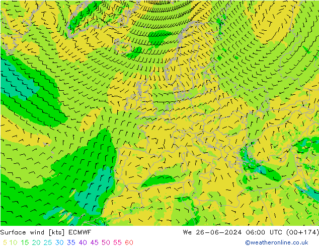 Viento 10 m ECMWF mié 26.06.2024 06 UTC