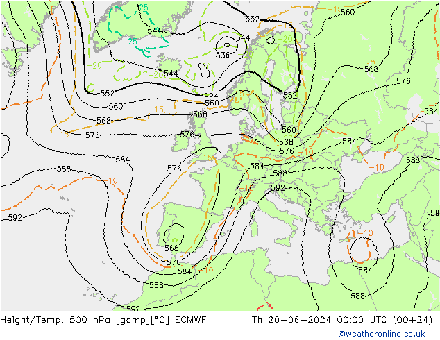 Height/Temp. 500 hPa ECMWF Čt 20.06.2024 00 UTC