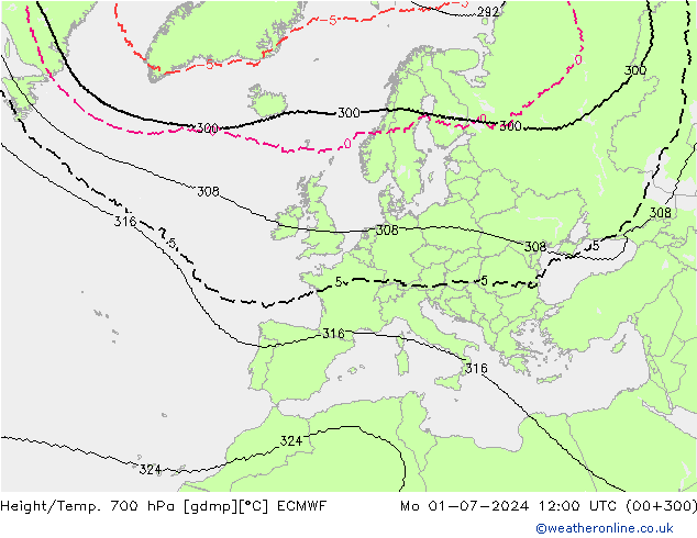 Geop./Temp. 700 hPa ECMWF lun 01.07.2024 12 UTC