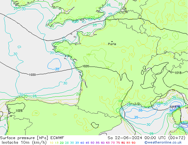 Isotaca (kph) ECMWF sáb 22.06.2024 00 UTC