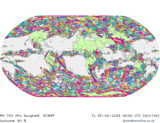 RH 700 hPa Spaghetti ECMWF Tu 25.06.2024 00 UTC