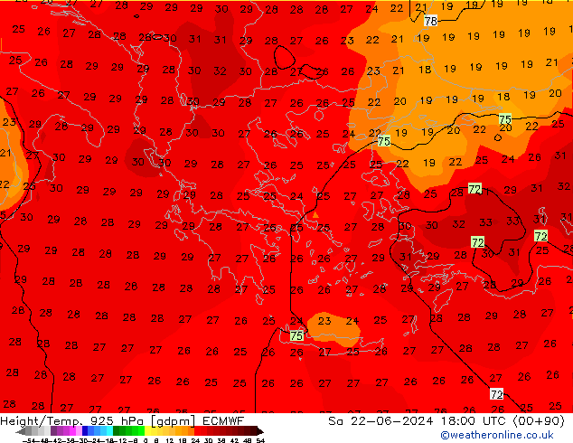 Geop./Temp. 925 hPa ECMWF sáb 22.06.2024 18 UTC