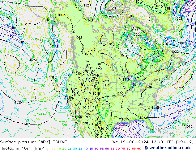 Isotachen (km/h) ECMWF Mi 19.06.2024 12 UTC