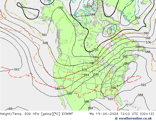 Height/Temp. 500 hPa ECMWF Qua 19.06.2024 12 UTC