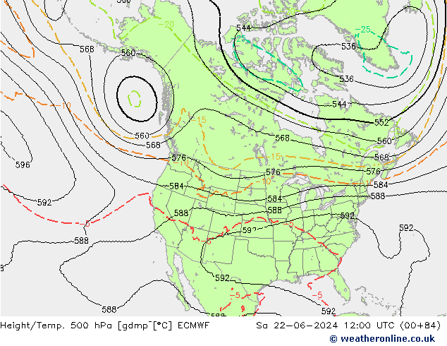 Height/Temp. 500 hPa ECMWF Sa 22.06.2024 12 UTC