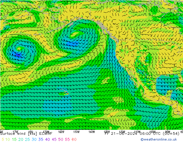 Surface wind ECMWF Pá 21.06.2024 06 UTC