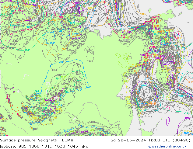 Surface pressure Spaghetti ECMWF Sa 22.06.2024 18 UTC