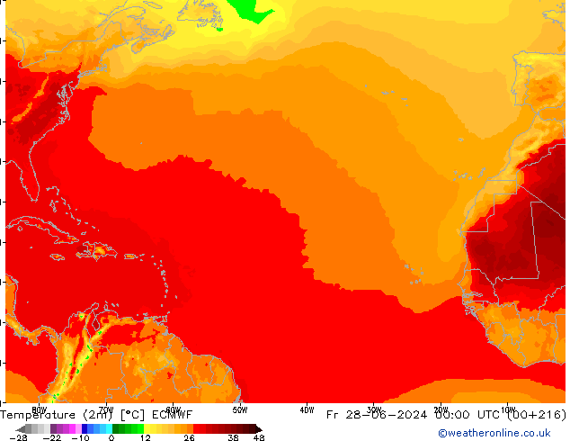 Temperature (2m) ECMWF Fr 28.06.2024 00 UTC