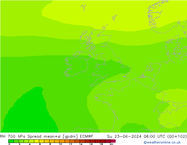 700 hPa Nispi Nem Spread ECMWF Paz 23.06.2024 06 UTC