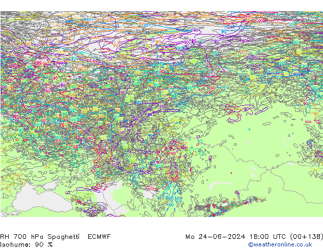 RH 700 hPa Spaghetti ECMWF Mo 24.06.2024 18 UTC