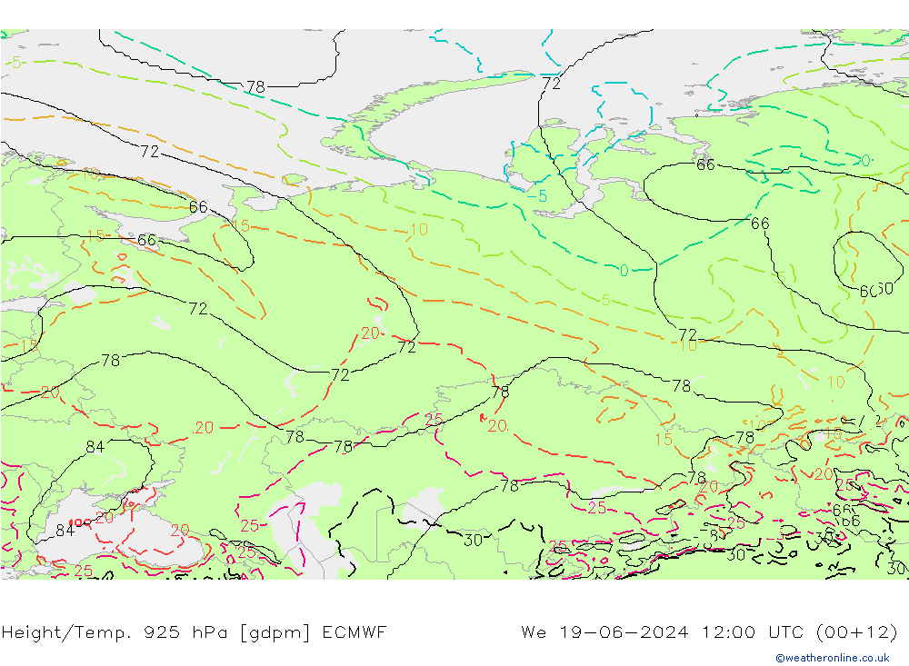 Height/Temp. 925 hPa ECMWF Qua 19.06.2024 12 UTC