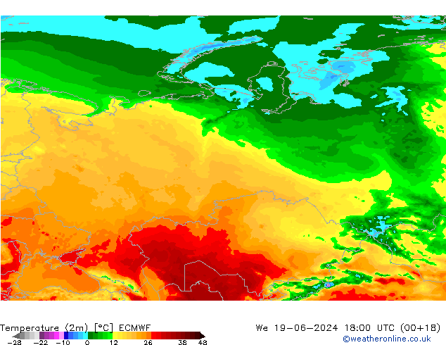Temperature (2m) ECMWF St 19.06.2024 18 UTC