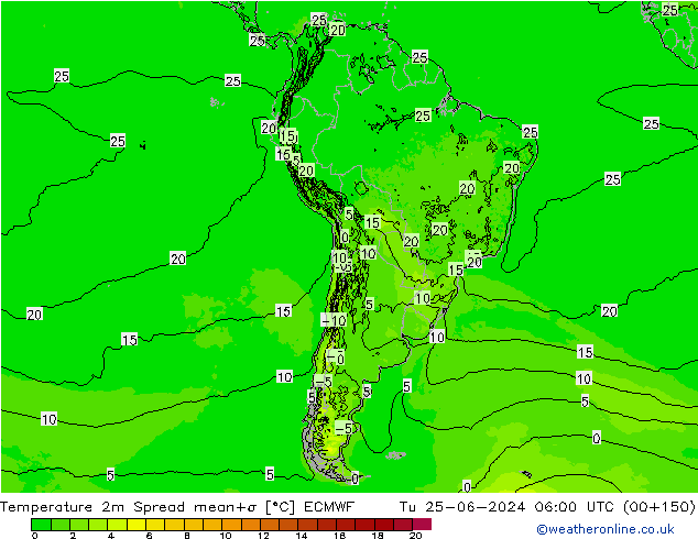 Temperaturkarte Spread ECMWF Di 25.06.2024 06 UTC