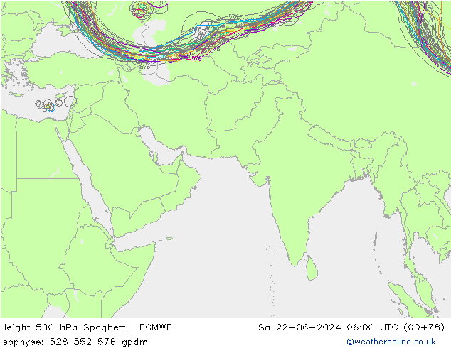 Height 500 hPa Spaghetti ECMWF Sa 22.06.2024 06 UTC