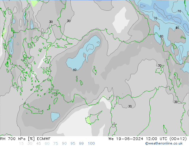 RH 700 hPa ECMWF śro. 19.06.2024 12 UTC