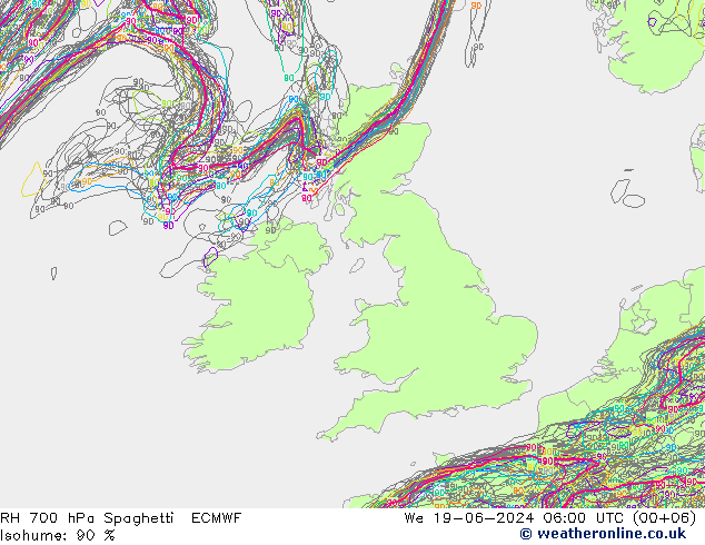 RH 700 hPa Spaghetti ECMWF We 19.06.2024 06 UTC