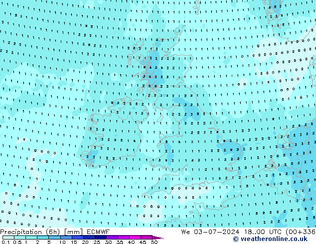 Precipitation (6h) ECMWF We 03.07.2024 00 UTC