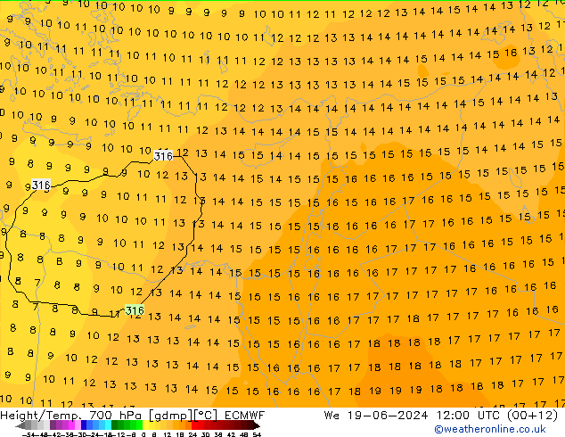 Height/Temp. 700 hPa ECMWF We 19.06.2024 12 UTC