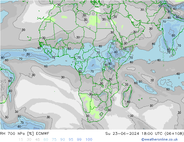 RH 700 hPa ECMWF Su 23.06.2024 18 UTC